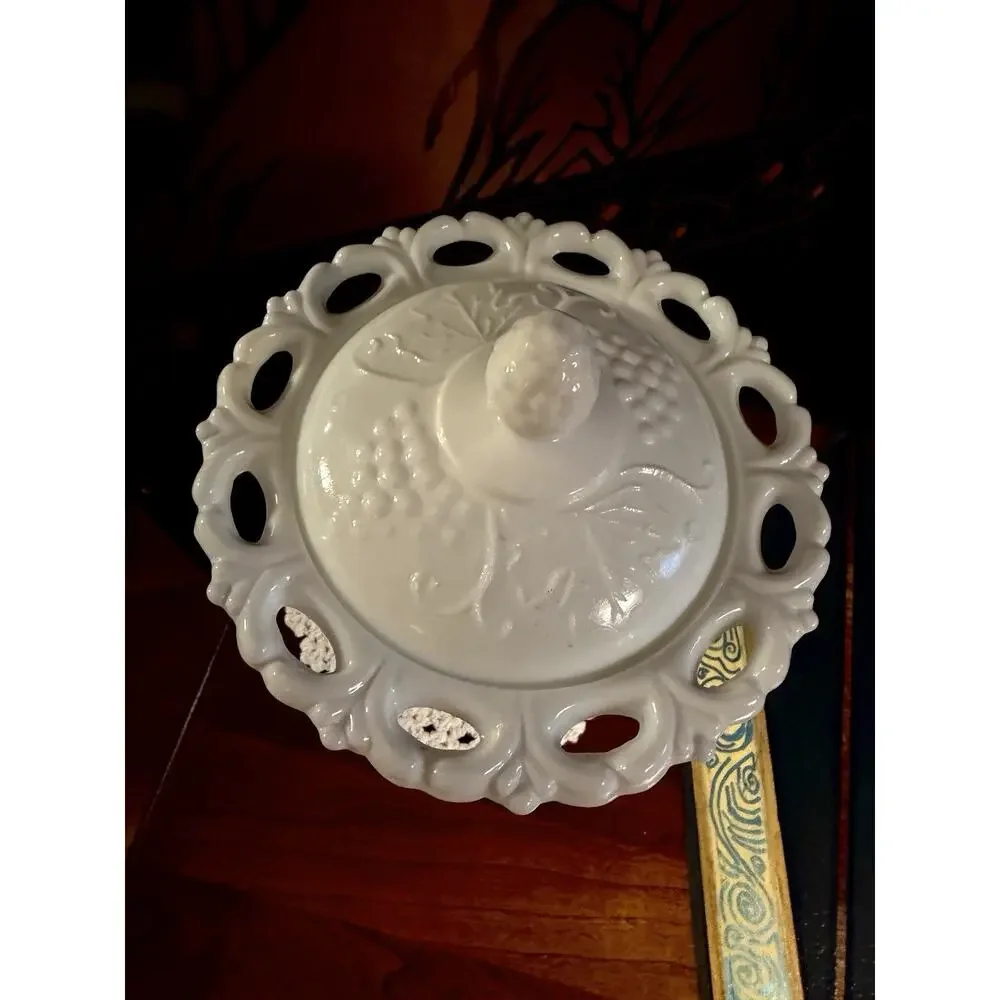 Vintage Milk Glass Covered Compote Candy Dish Grape Vine Pedestal Open Lace